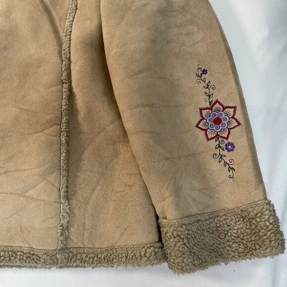 LL Bean Women’s Medium Faux Suede Sherpa Lined Beige Coat – Floral Embroidery - Picture 3 of 4